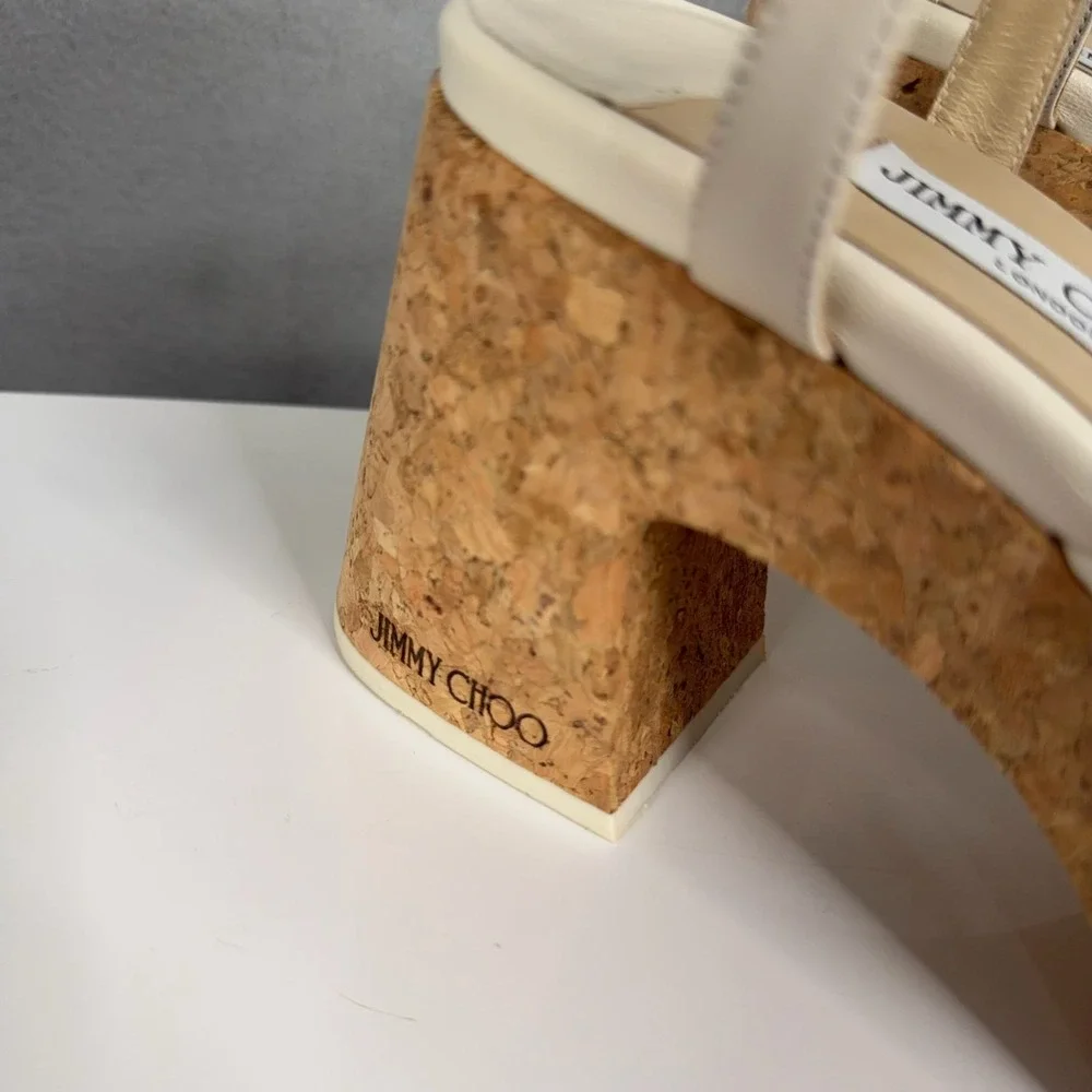 Jimmy Choo Sandals Womens Size 39.5 Heloise Wedge 95 Leather Cork Platform